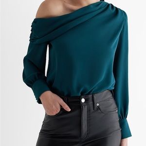 Off The Shoulder Draped Balloon Sleeve Bodysuit - Deep Teal - Size XL